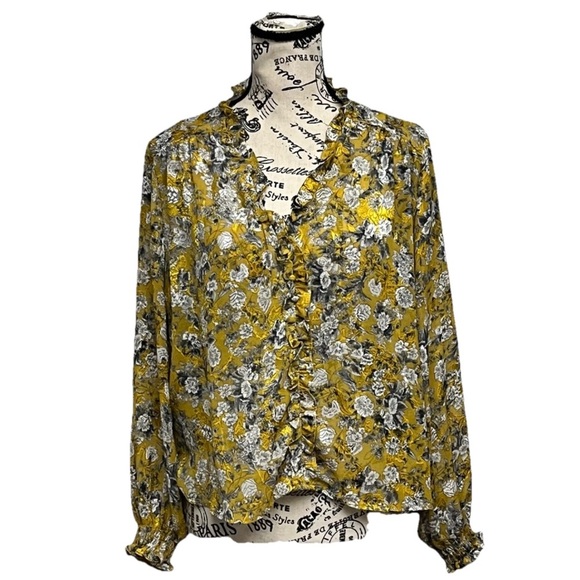 Zara Floral Jacquard Blouse XS BUTTER Yellow Ruffle Semi Sheer Boxy Boho Fairy - Picture 1 of 8